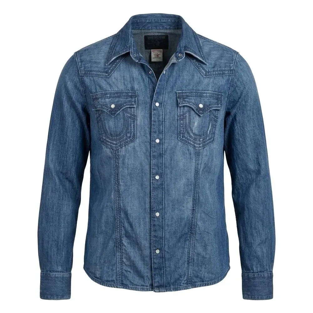True Religion Rocky Blue Denim Western Snap Jacket Men Size L